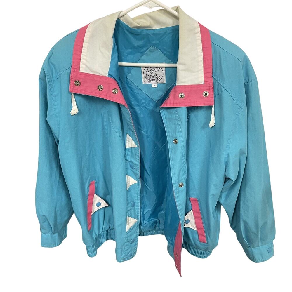 Vintage Retro Current Seen Aqua Pink Button Up Long Sleeve Jacket Adult Size L